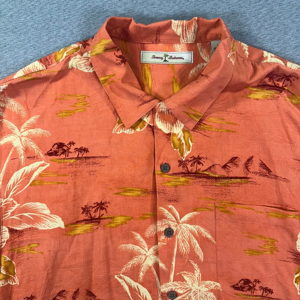 Tommy Bahama Hawaiian Shirt Mens L Orange Silk Tropical Palm Tree Hibiscus Beach